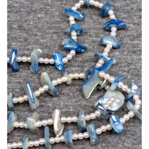 Long Faux Pearl Necklace, Dyed Blue, 34" Continuous Loop, No Clasp, UV Reactive - Picture 2 of 4